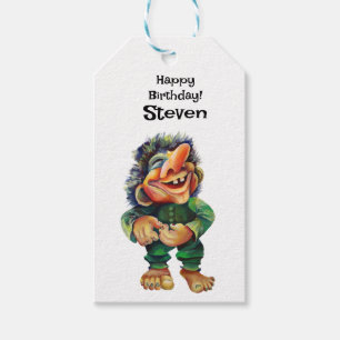 Skandinavisk flony Troll Illustration Vattenfärg Presentetikett