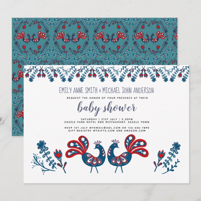 Skandinavisk folkart Birds BABY SHOWER Blue Red Inbjudningar (Fram/baksida)