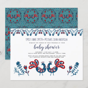 Skandinavisk folkart Birds BABY SHOWER Blue Red Inbjudningar