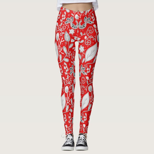 Skandinavisk folkart Birds Red White Leggings (Framsida)
