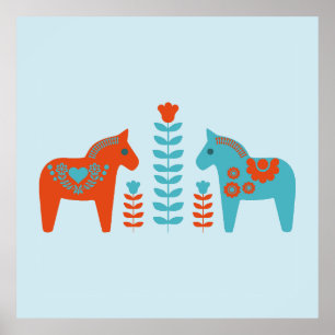Skandinavisk folkart Dala Horses and Flowers Poster