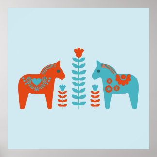 Skandinavisk folkart Dala Horses and Flowers Poster