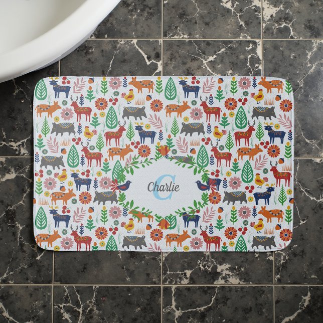 Skandinavisk folkart Monogram Mönster Boho Modern Badrumsmatta (Skapare uppladdad)