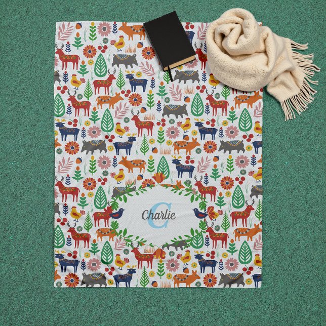 Skandinavisk folkart Monogram Mönster Boho Modern Fleecefilt (Skapare uppladdad)