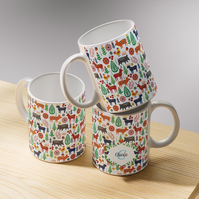 Skandinavisk folkart Monogram Mönster Boho Modern Kaffemugg (Skapare uppladdad)