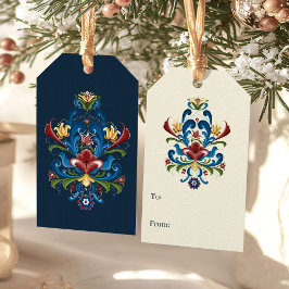 Skandinavisk Folkkonst Blå Röd Blommig Rosemaling Presentetikett