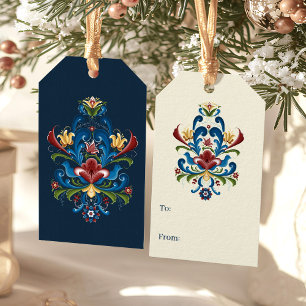 Skandinavisk Folkkonst Blå Röd Blommig Rosemaling Presentetikett