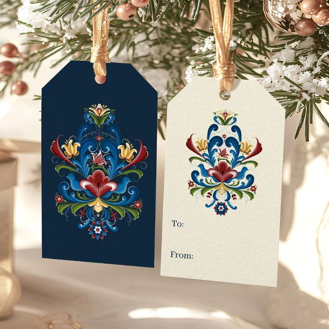 Skandinavisk Folkkonst Blå Röd Blommig Rosemaling Presentetikett (Skapare uppladdad)