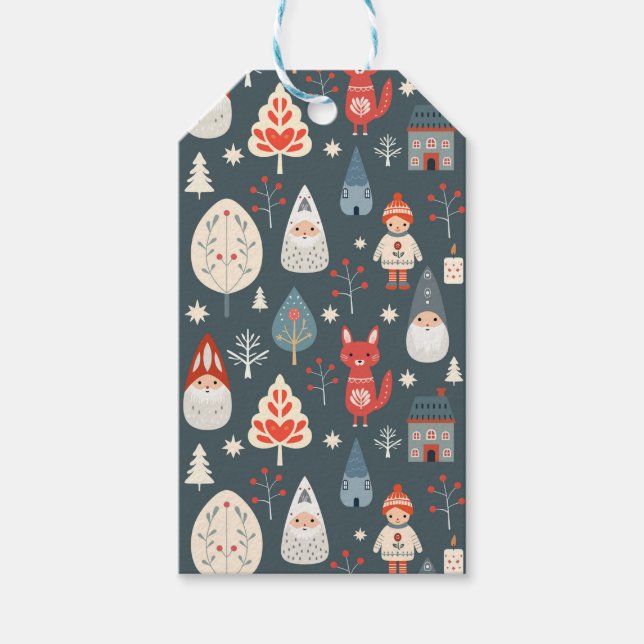Skandinavisk folkkonst med julgnomer presentetikett (Framsidan)