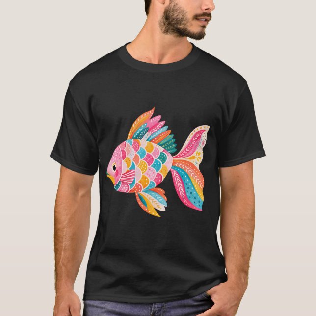 Skandinavisk Folklig Färgrik Fisk T Shirt (Framsida)