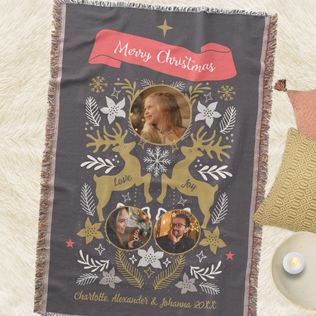 Skandinavisk Ren Jul Flerfotos Filt (Scandinavian Reindeer Multi-Photo Christmas Throw Blanket © Susanne Sachers - Sunny Mind Design. 🌞)