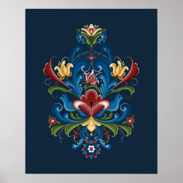 Skandinavisk Rosemaling Folksjäl Blå Röd Poster