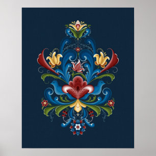 Skandinavisk Rosemaling Folksjäl Blå Röd Poster