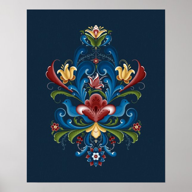 Skandinavisk Rosemaling Folksjäl Blå Röd Poster (Framsidan)