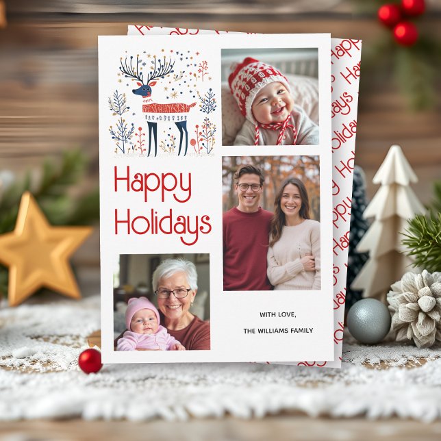 Skandinavisk stil hjort röd blå foto jul julkort (Skapare uppladdad)