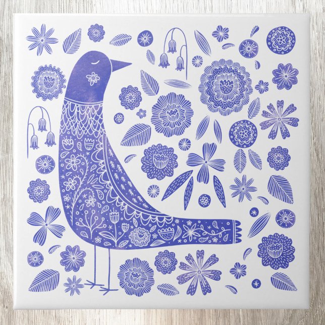 Skandinaviska fågelblått och vitt kakelplatta (Scandinavian blue and white bird watercolor art ceramic tile)