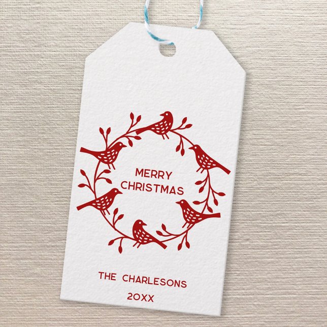 Skandinaviska fågelns andedräkt Personlig jul Presentetikett (Red Scandinavian bird wreath personalized family name date festive Merry Christmas gift tag)
