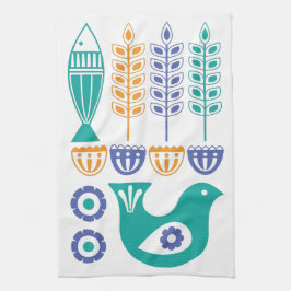 Skandinaviska fåglar, fiskar och blommor kökshandduk