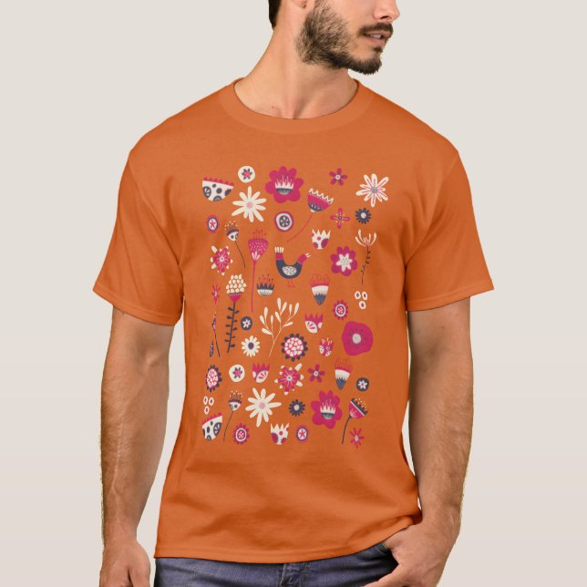 Skandinaviska folkfåglar och blommor lustiga t shirt (Framsida)