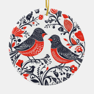 Skandinaviska folkkonst Birds Lino-klippdesign Julgransprydnad Keramik