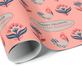 Skandinaviska folkkonst Coral Blue Birds Flowers Presentpapper