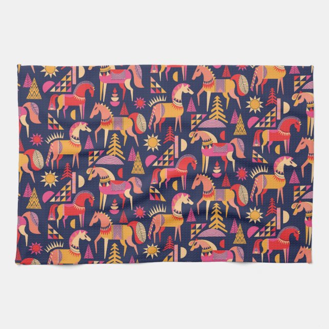 Skandinaviska hästar: Dekorativ sömlös design Kökshandduk (Horisontell)