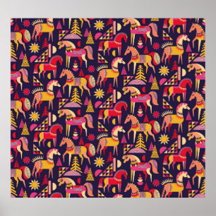 Skandinaviska hästar: Dekorativ sömlös design Poster