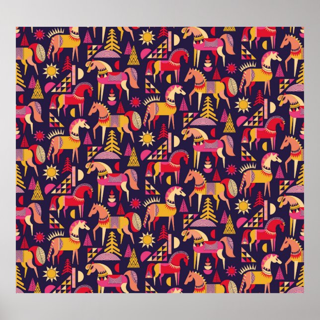 Skandinaviska hästar: Dekorativ sömlös design Poster (Framsidan)