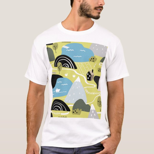 Skandinaviska hus, träd, berg mönster. t shirt (Framsida)