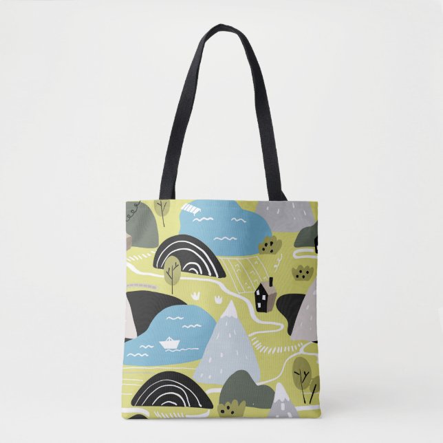 Skandinaviska hus, träd, berg mönster. tygkasse (Framsida)