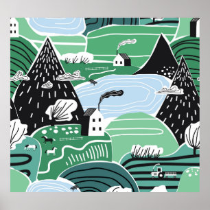 Skandinaviska hus, träd, bergsbelysning poster