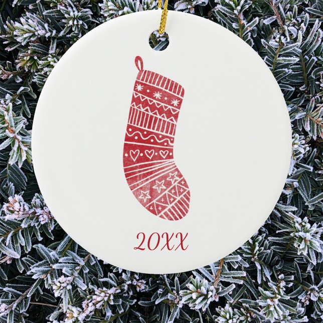 Skandinaviska julåret Rött vitt Julgransprydnad Keramik (Scandinavian Christmas stocking red and white 20XX year date ornament)