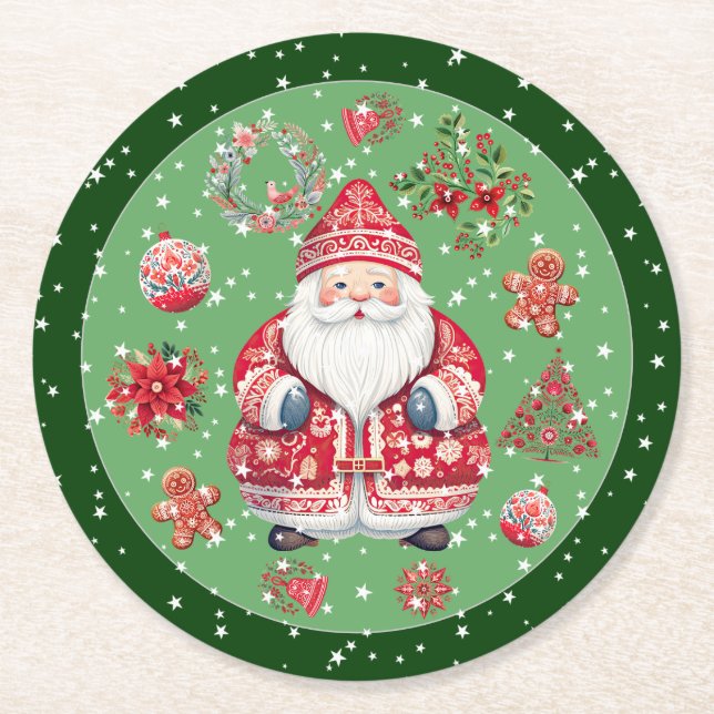 Skandinaviska Jultomten Grönt Underlägg Papper Rund (Framsidan)