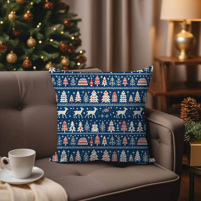 Skandinaviska marinblå julrenar Norden Kudde (Scandinavian Navy Blue Christmas Reindeer Nordic Throw Pillow)