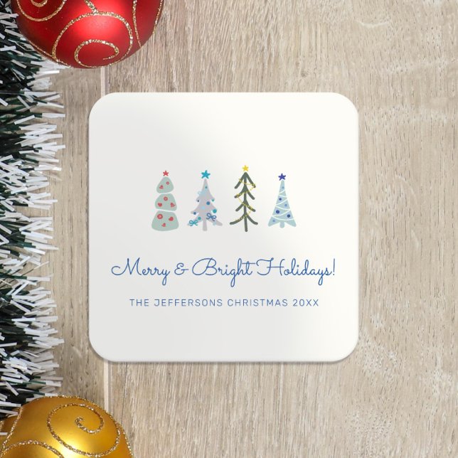 Skandinaviska minimalistiska Julgranar Underlägg Papper Kvadrat (Christmas party custom coaster with Scandinavian hand-drawn trees and your text.)