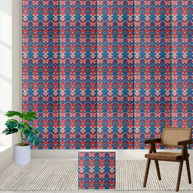 Skandinaviska plattan Nordic Red and Blue Blommigt Kakelplatta (Nordic Red and Blue Floral Scandinavian Tile)