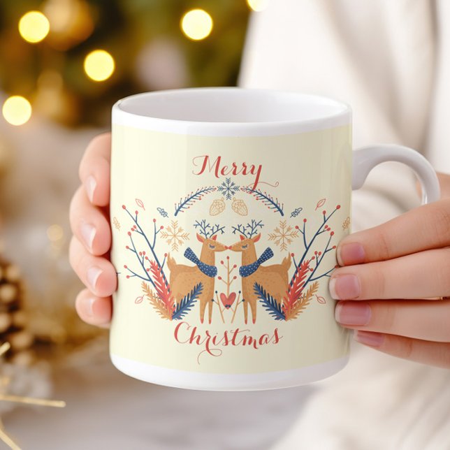 Skandinaviska renar Nordisk juldesign Kaffemugg (Scandinavian Folk Woodland Deer - Cream - Coffee Mug)