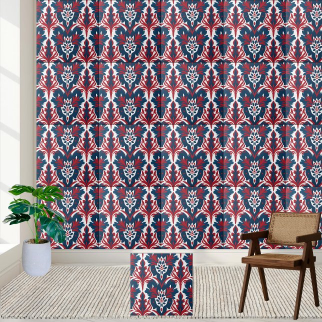 Skandinaviska skadeplattan i rött och blått kakelplatta (Scandinavian Damask Tile in Red and Blue)