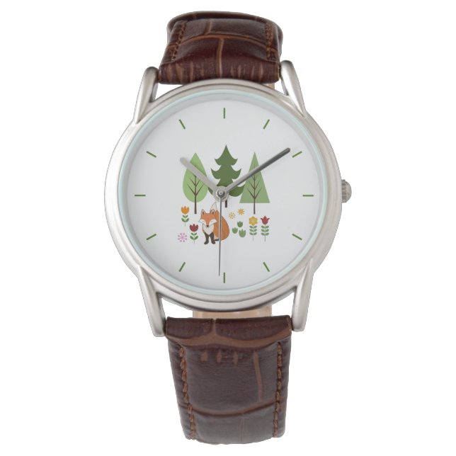 Skandinaviska Stil Fox Flowers Träd Illustration Armbandsur (Framsida)