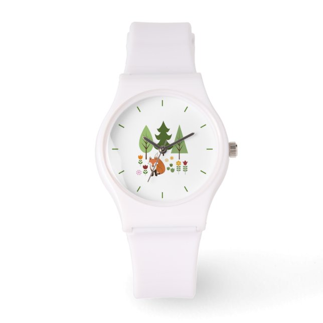 Skandinaviska Stil Fox Flowers Träd Illustration Armbandsur (Framsida)