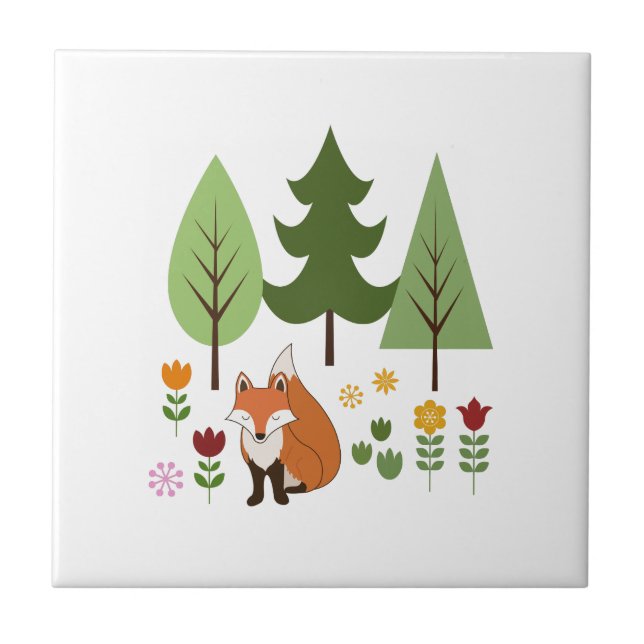 Skandinaviska Stil Fox Flowers Träd Illustration Kakelplatta (Framsidan)