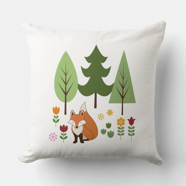 Skandinaviska Stil Fox Flowers Träd Illustration Kudde (Framsida)