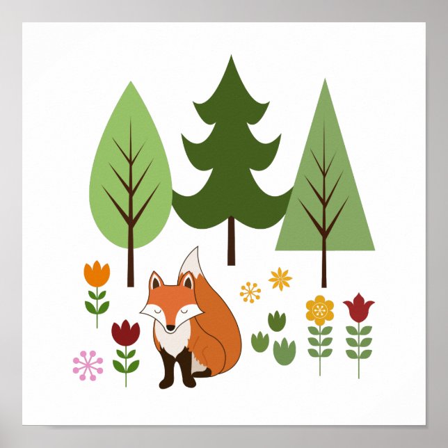 Skandinaviska Stil Fox Flowers Träd Illustration Poster (Framsidan)