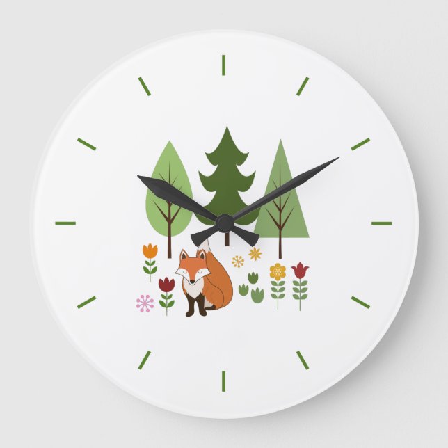 Skandinaviska Stil Fox Flowers Träd Illustration Stor Klocka (Framsida)