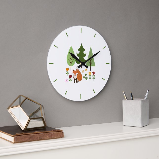Skandinaviska Stil Fox Flowers Träd Illustration Stor Klocka (Kontor)
