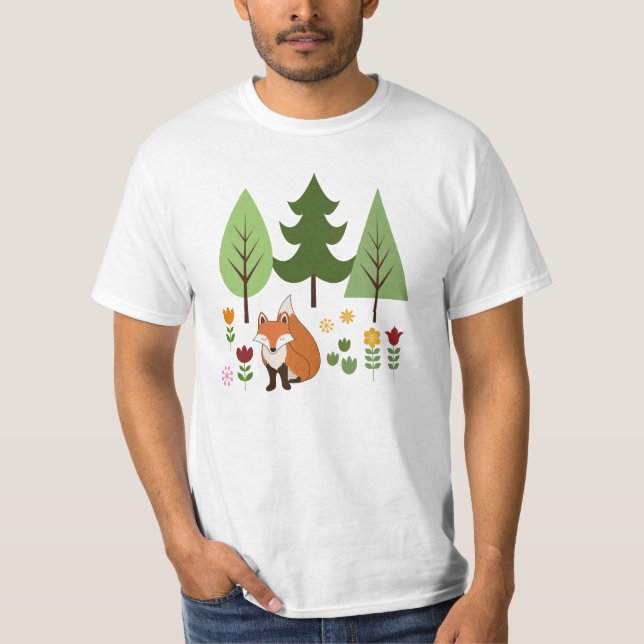 Skandinaviska Stil Fox Flowers Träd Illustration T Shirt (Framsida)