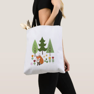 Skandinaviska Stil Fox Flowers Träd Illustration Tygkasse