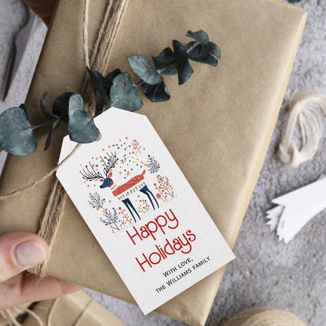 Skandinaviska stil hjort blåblå jul-helgdag presentetikett (Skapare uppladdad)