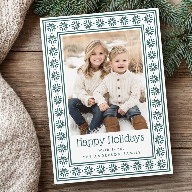 Skandinaviska stjärnor grön kant Glad jul Julkort (Scandinavian stars green border Happy Holidays Holiday Card)