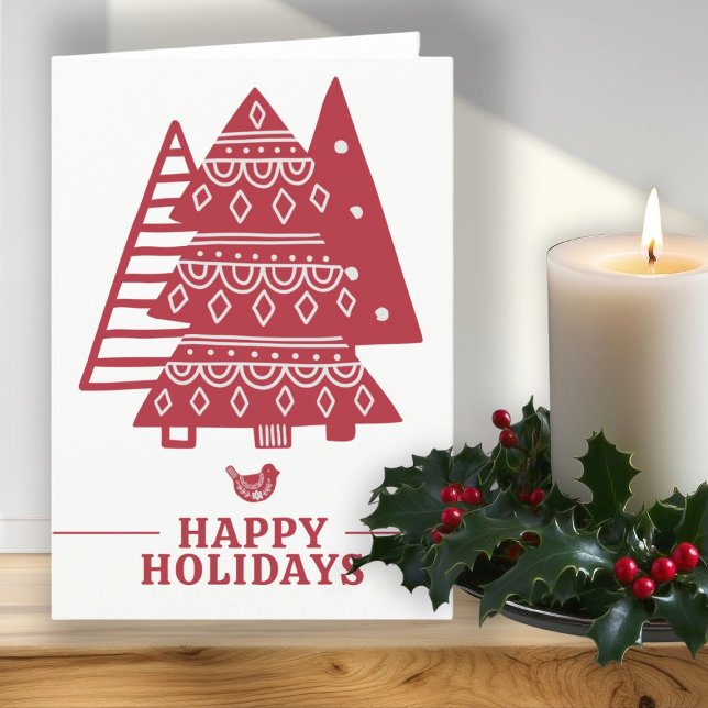 Skandinaviska Träd Nordiska Personligen Helgkort (Scandinavian Tree Nordic Christmas Personalized Holiday Card by Ricaso. Red Scandi Christmas trees)